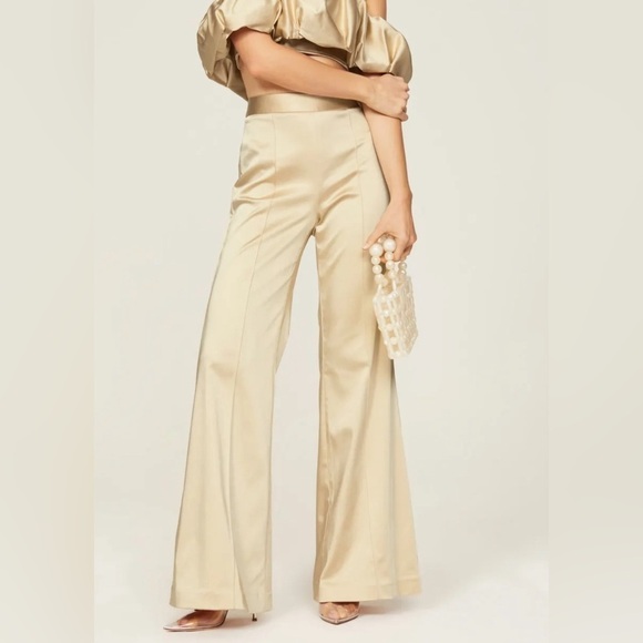 Jonathan Simkhai Duchesse-Satin Bootcut Pants High Rise in Goldish Cream Sz 8 - Picture 1 of 14